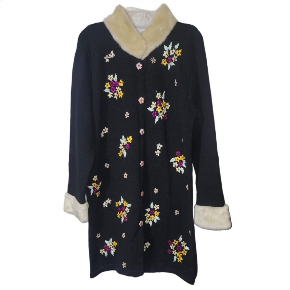 Vintage STORYBOOK KNITS "WILD BOUQUET" Embroidered & Beaded Cardigan Size Large
